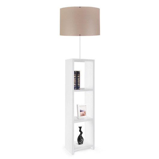 White Mdf Floor Lamp Brown Fabric Cylinder Head With Decorative Shelf