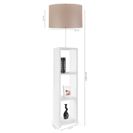 White Mdf Floor Lamp Brown Fabric Cylinder Head With Decorative Shelf