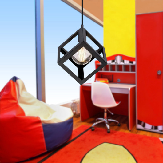 Cube Shaped Black Metal Pendant Lamp Teenager Room Square Kitchen Lighting