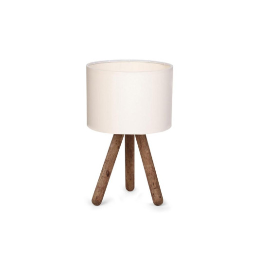 Modern Natural Wood Lamp With A Cream Cylindrical Head And Fabric