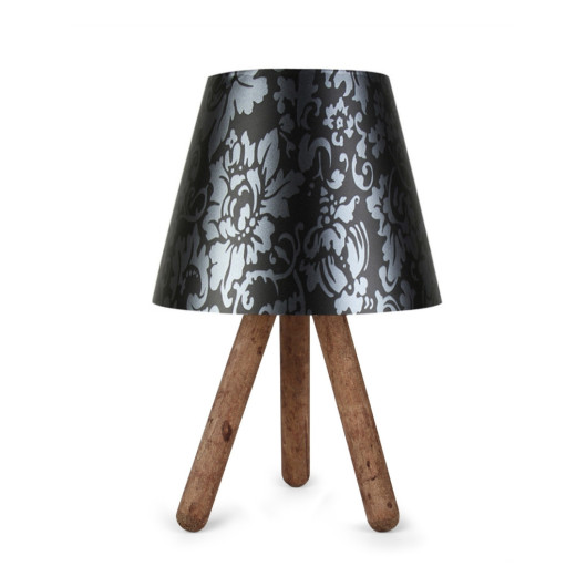 Modern Wooden Lamp With Three Legs, Black And Flowers