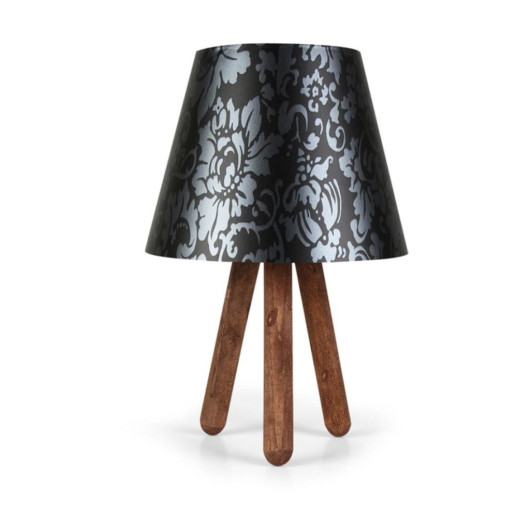 Modern Wooden Lamp With Three Legs, Black And Silver