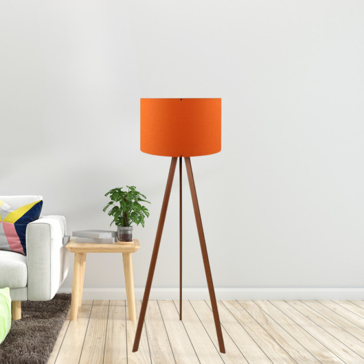 Wooden Three Legged Floor Lamp Orange Fabric Head Living Room Corner Lamp