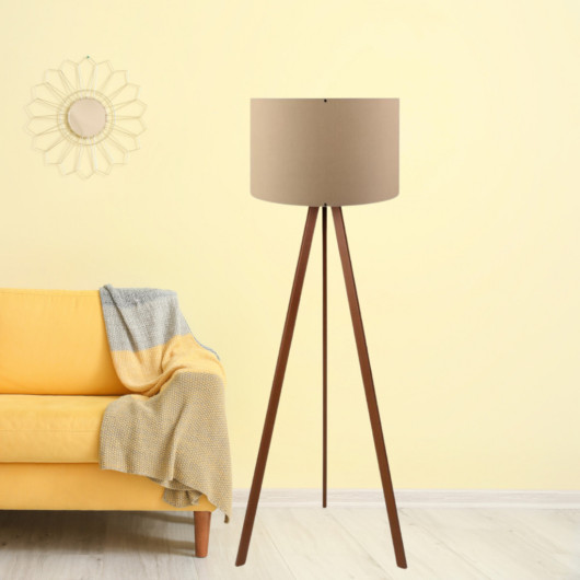 Wooden Three Legged Tripod Floor Lamp Brown Fabric Headboard Corner Lamp