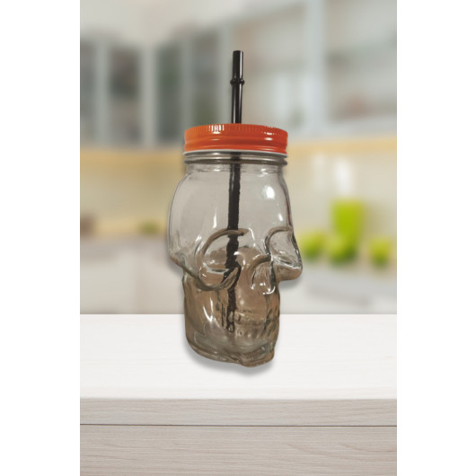 San Miguel Skull Jar With Straw Glass 450 Ml Transparent