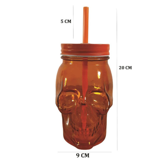 San Miguel Skull Jar Glass With Straw 450 Ml Orange