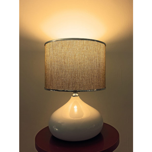 White Office Desk Lamp With A Beige Head And A Silver Ribbon