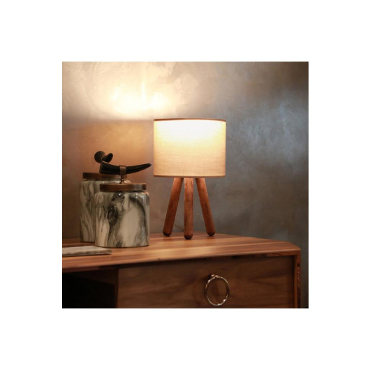 Modern Natural Wood Lamp With A Cylindrical Head, Gray Fabric