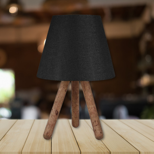 Wooden Lamp With Three Legs And A Black Cloth Head