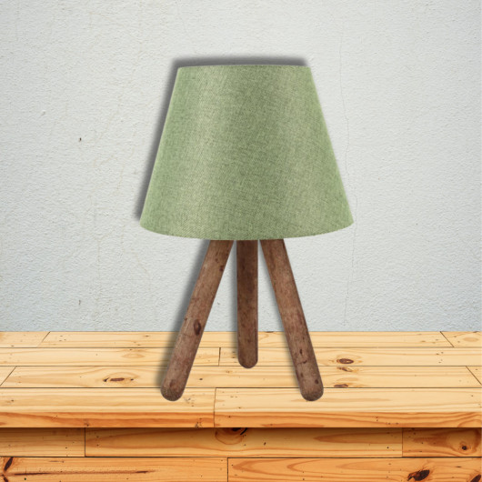 Wooden Lamp With Three Legs And A Green Cloth Head