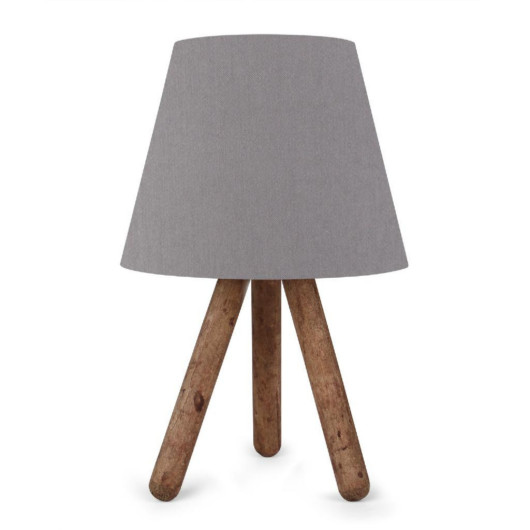 Wooden Lamp With Three Legs And A Gray Cloth Head
