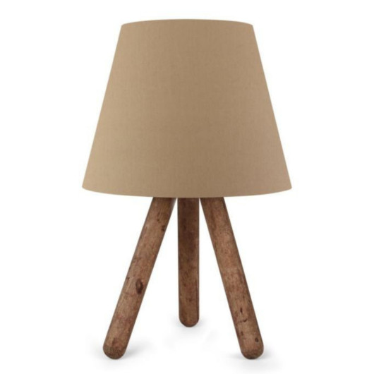 Wooden Lamp With Three Legs And A Brown Cloth Head