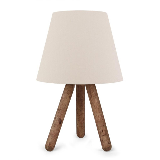Wooden Lamp With Three Legs And A Cream Fabric Head