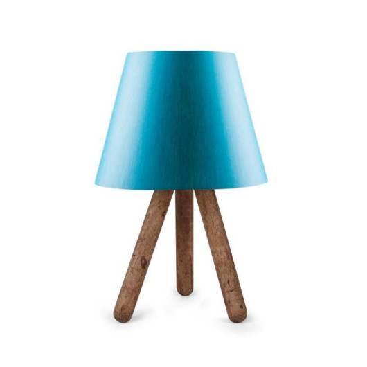 Wooden Lamp With Three Legs And A Blue Cloth Head