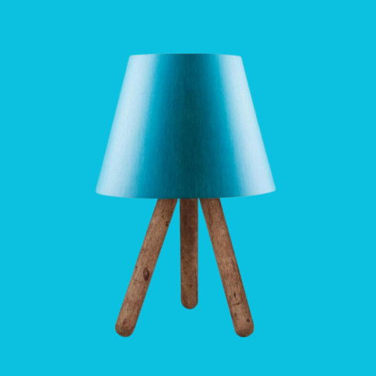 Wooden Lamp With Three Legs And A Blue Cloth Head