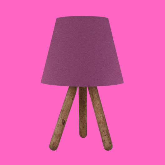 Wooden Lamp With Three Legs And A Purple Cloth Head