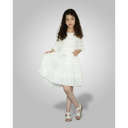 5 8 Years Old Girl's Tassel Detailed Belted Dress White