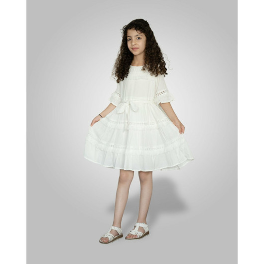 5 8 Years Old Girl's Tassel Detailed Belted Dress White