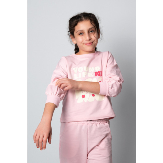 6 13 Years Old Young Life Printed Girl Double Suit Candy Pink