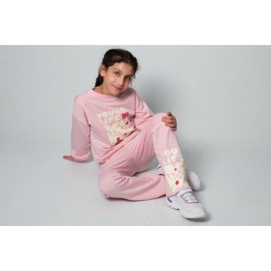 6 13 Years Old Young Life Printed Girl Double Suit Candy Pink