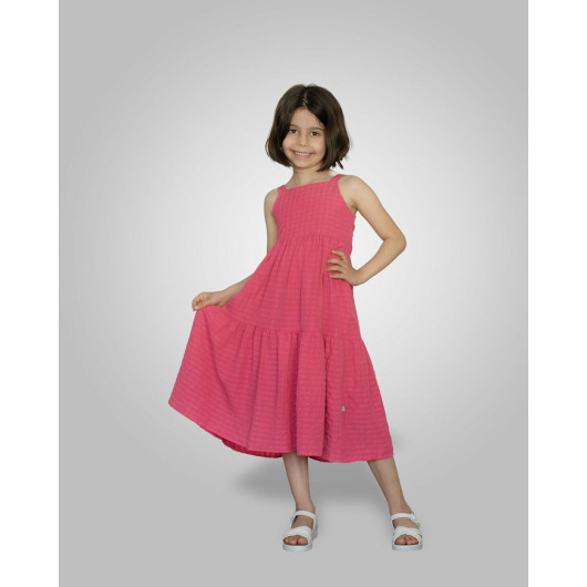 7 10 Years Old Girl's Strappy Gathered Dress Fuchsia