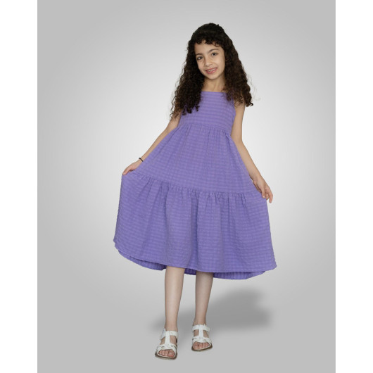 7 10 Years Old Girl's Strappy Gathered Dress Purple