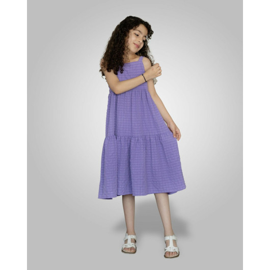 7 10 Years Old Girl's Strappy Gathered Dress Purple