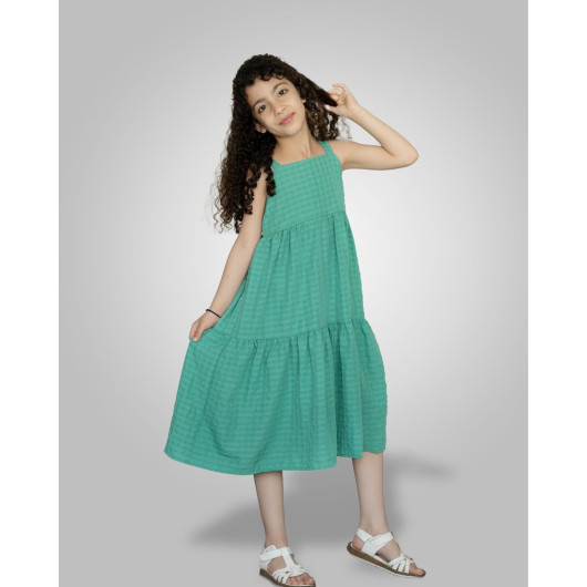 7 10 Years Old Girl's Strappy Gathered Dress Green