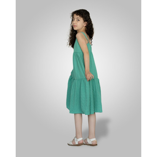 7 10 Years Old Girl's Strappy Gathered Dress Green