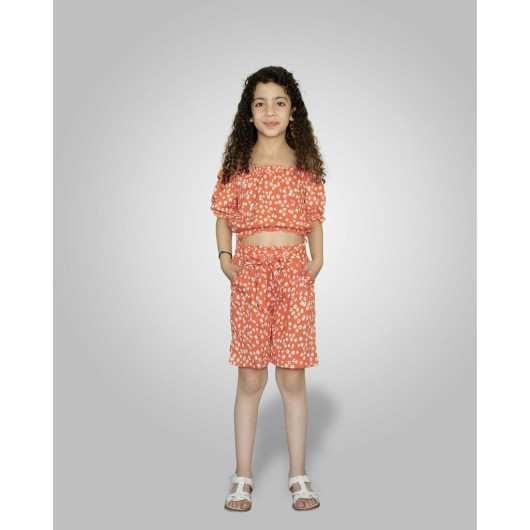 7 10 Years Old Girl Floral Patterned Shorts Set Orange