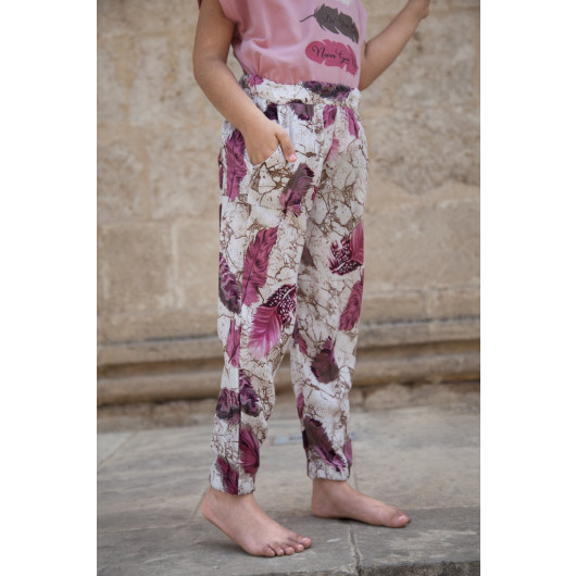 3 6 Years Old Leaf Patterned Girl Double Set T Shirt Trousers