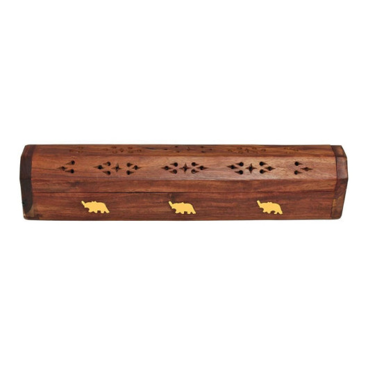 Wooden Incense Chest Brass Elephant Embroidered 30 Cm