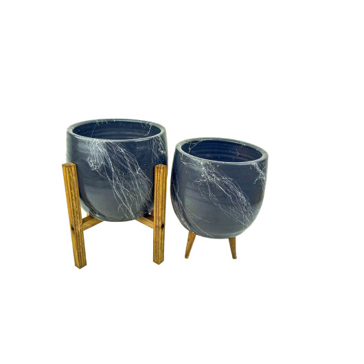 Accessory White On Gray Marble Effect Earthen Pot Set Of Two With 3 Legs And 4 Legs