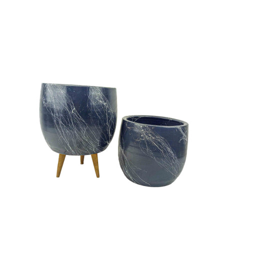 White On Gray Marble Effect Clay Pot Planter Set Of Two, Without Stands, With 3 Legs