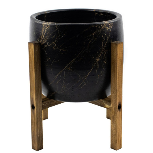 Accessory Black With Gold Marble Effect Earth Living Room Flower Pot With 4 Legs