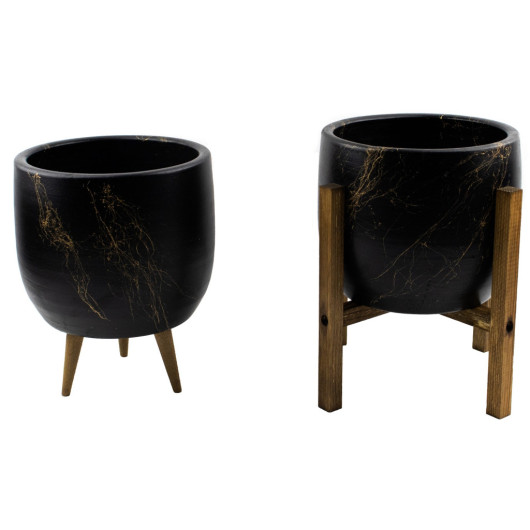 Black With Gold Marble Effect Earthen Pot Set Of Two With 3 Legs And 4 Legs