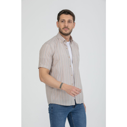 Varetta Mens Beige Short Sleeve Striped Summer Cotton Shirt
