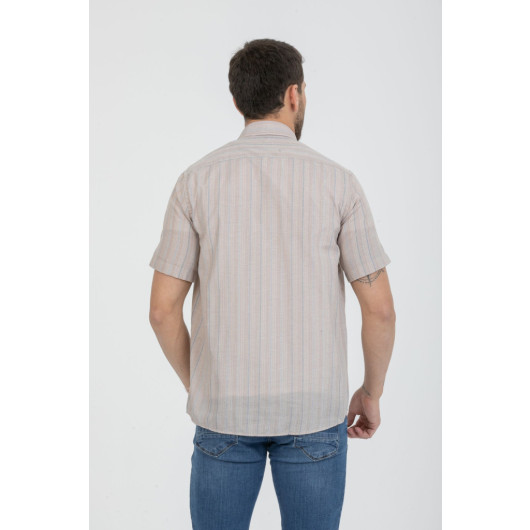 Varetta Mens Beige Short Sleeve Striped Summer Cotton Shirt