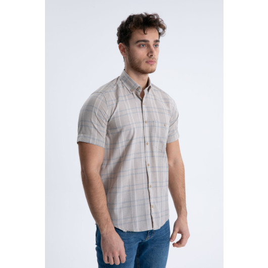 Varetta Mens Beige Short Sleeve Checkered Summer Cotton Shirt
