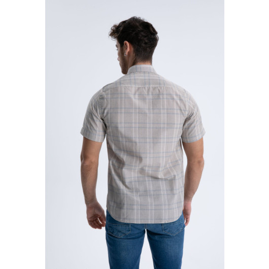Varetta Mens Beige Short Sleeve Checkered Summer Cotton Shirt