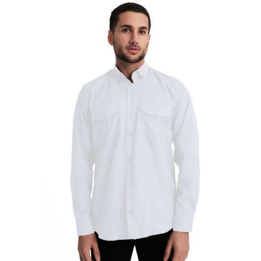 Varetta Mens White Flap Double Pocket Solid Color Long Sleeve Cotton Shirt