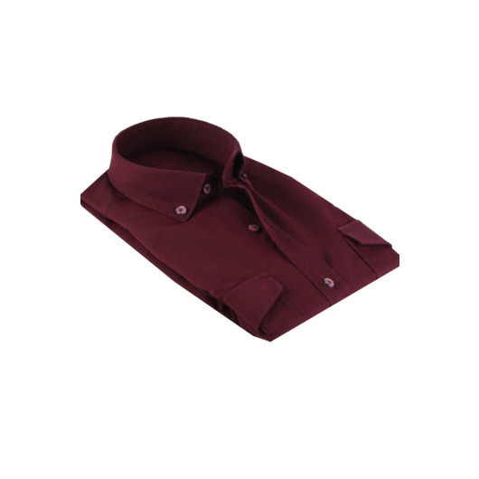 Varetta Mens Burgundy Lycra Double Pocket Plain Classic Cut Long Sleeve Denim Shirt