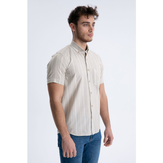 Varetta Mens Ecru Short Sleeve Striped Summer Cotton Shirt