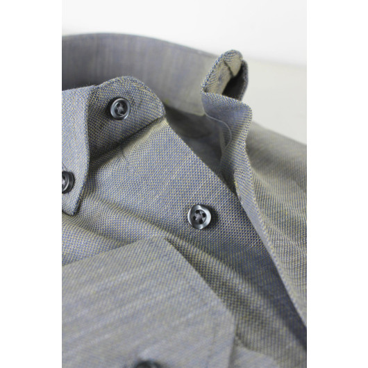 Varetta Mens Smoked Plain Long Sleeve Cotton Linen Effect Collar Buttoned Shirt