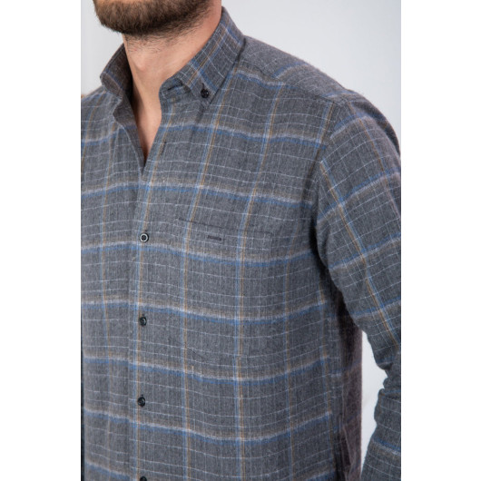 Varetta Mens Gray Striped Winter Pocketed Long Sleeve Classic Cut Shirt