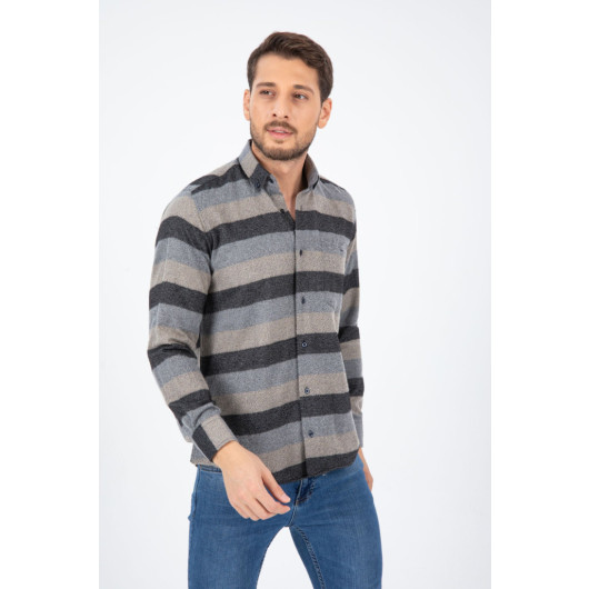 Varetta Mens Gray Gold Striped Winter Pocket Long Sleeve Classic Cut Shirt
