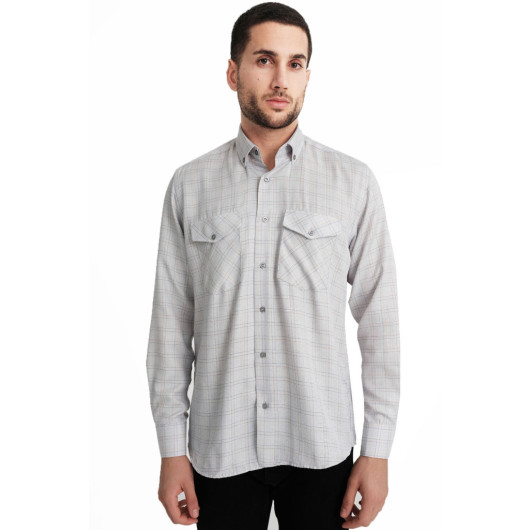 Varetta Mens Gray Flap Double Pocket Long Sleeve Checked Linen Effect Shirt