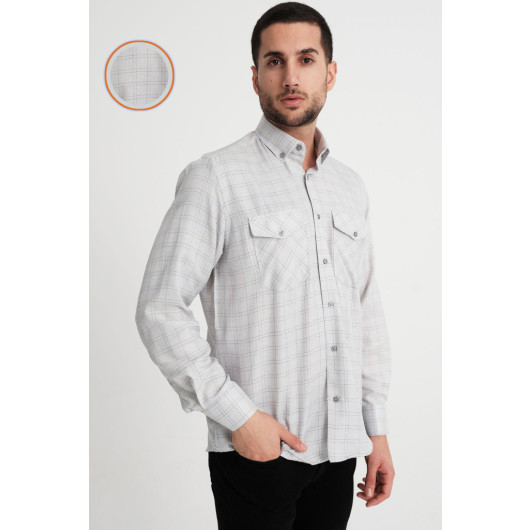 Varetta Mens Gray Flap Double Pocket Long Sleeve Checked Linen Effect Shirt