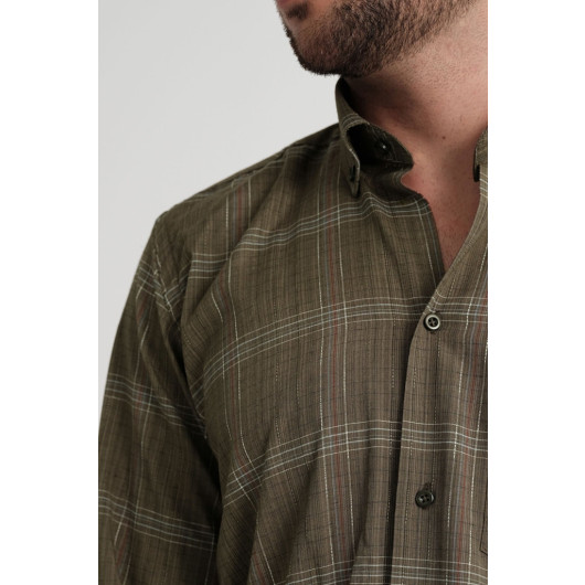Varetta Mens Khaki Checkered Pocket Long Sleeve Shirt