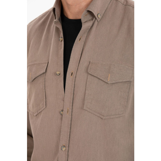 Varetta Mens Brown Lycra Double Pocket Plain Classic Cut Long Sleeve Denim Shirt